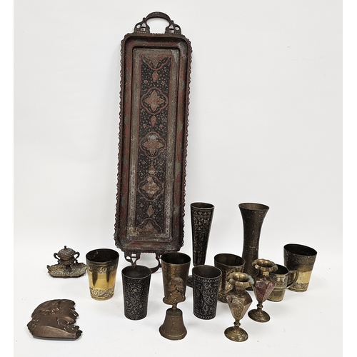 160 - Collection of metalware including Indian brass inlaid goblets, tray and vases, Kashmir white metal i... 