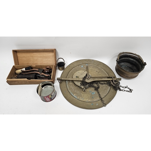 162 - Set of antique Italian brass balance scales, 19th century Lund lever-action corkscrew, a quantity of... 