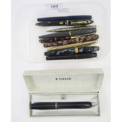 103 - Various fountain pens to include Sheaffer, Conway Stuart, Parker and Unique Junior, some with 14ct g... 