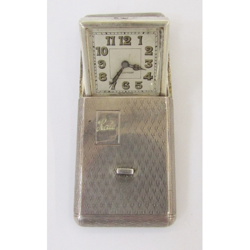 106 - Art Deco silver cased folding purse watch, possibly by Moise Dreyfuss, the engine-turned case with i... 