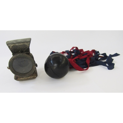 108 - Early 20th century Kinglet Carbide bicycle lamp by Joseph Lucas Limited, Birmingham, and a weighted ... 