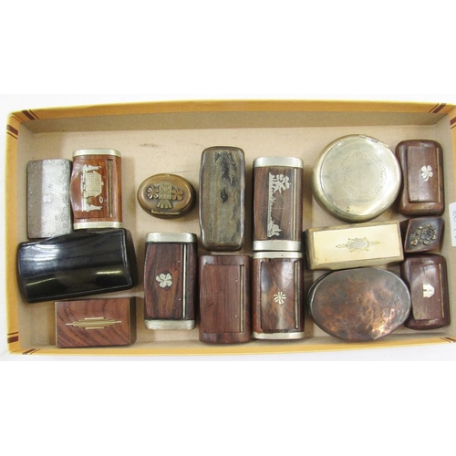110 - Collection of snuff boxes including papiermache, horn, carved wooden, silver plated and other metals... 