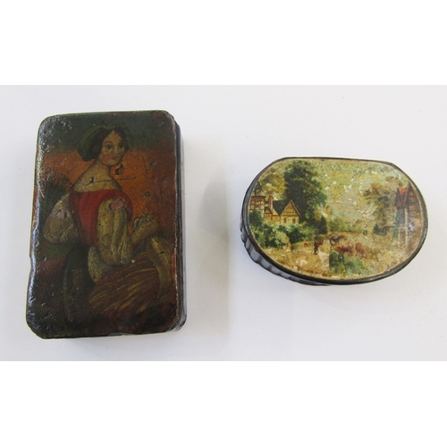 111 - 19th century papiermache snuff box of rectangular form, painted scene to top of a lady in period dre... 