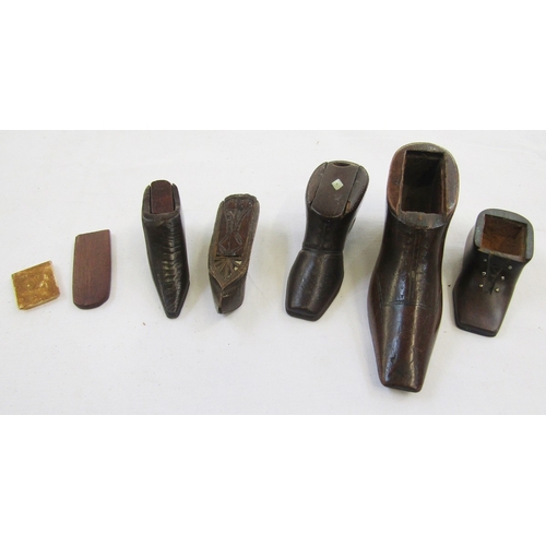 112 - Five 19th century and later treen novelty snuff boxes in the form of shoes and boots, one with pique... 