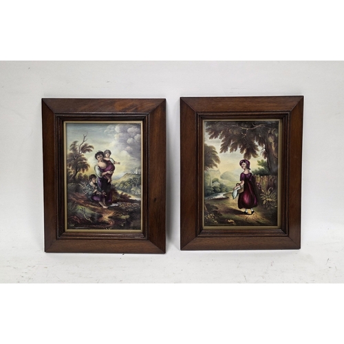 36 - Pair of English porcelain plaques, mid-19th century, the first painted with a family in river landsc... 