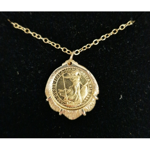 343 - Elizabeth II 1996 Britannia £10 1/10oz gold coin, mounted in a 9ct gold pendant with 9ct gold chain,... 