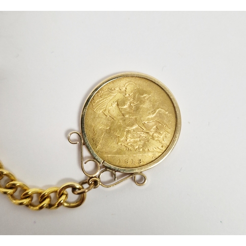 345 - George V 1913 half sovereign, mounted in a 9ct gold pendant and yellow metal albert chain marked RG