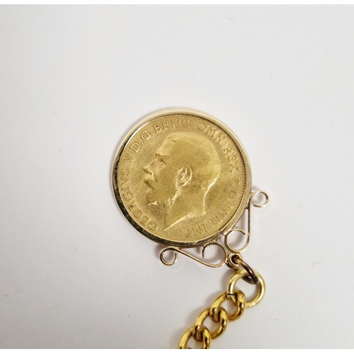 345 - George V 1913 half sovereign, mounted in a 9ct gold pendant and yellow metal albert chain marked RG