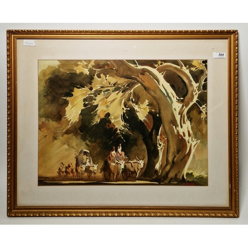 364 - G.D. Paulraj (India, 1914-1989)
 Watercolour
 Bullock carts and gariwals traveling through woodland,... 