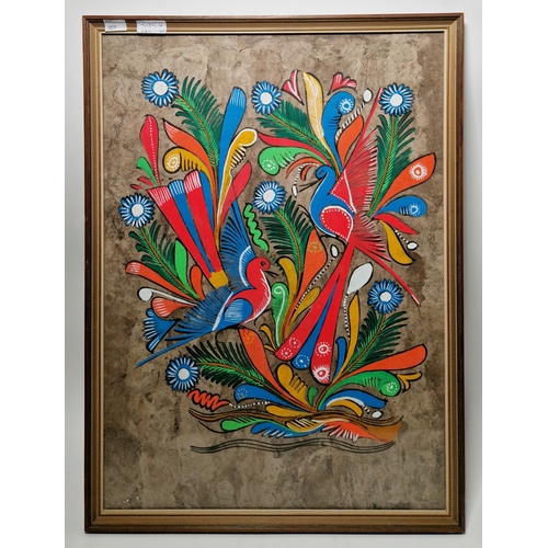 367 - 20th century Mexican school
 A pair of Mexican bark paintings, depicting colourful exotic birds amon... 