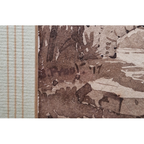 371 - Samuel Prout (1783-1852)
 Watercolour
 Rural scene with boy seated on bridge fishing, signed and dat... 