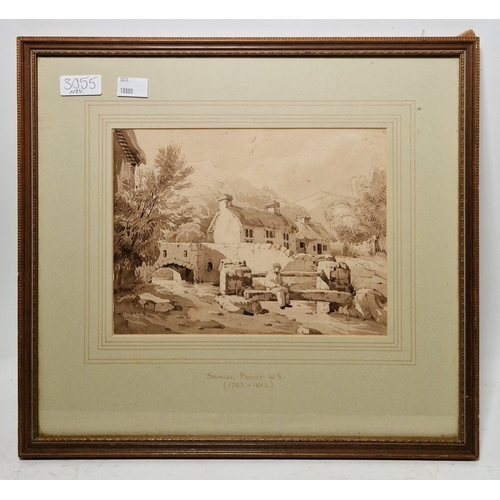 371 - Samuel Prout (1783-1852)
 Watercolour
 Rural scene with boy seated on bridge fishing, signed and dat... 