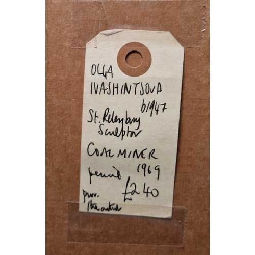 372 - Olga Ivashintsova (b.1947)
 Pencil on paper
 'Coal Miner' head and shoulders portrait of a male, sig... 