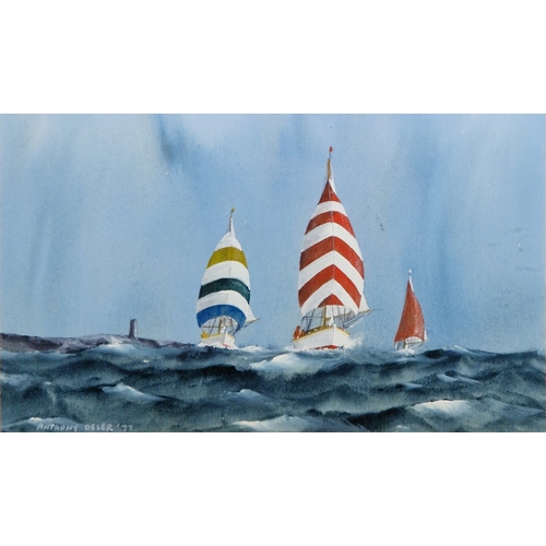 374 - Anthony Osler (b. 1938)
 Watercolour/gouache
 Maritime scene with two sailboats, signed and dated 19... 