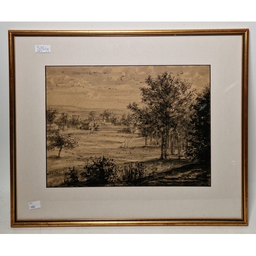 384 - Gerald Ososki (1903-1981)
 Ink and wash
 Landscape with country house in distance, signed and dated ... 
