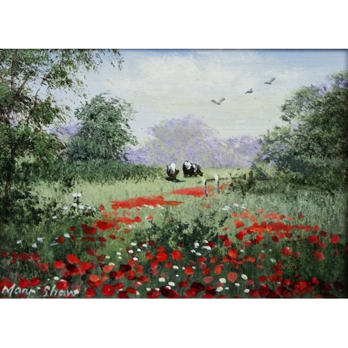 387 - Mary Shaw (b.1955)
 Oil on board
 Pastoral scene, cows in a field with church in distance, signed lo... 