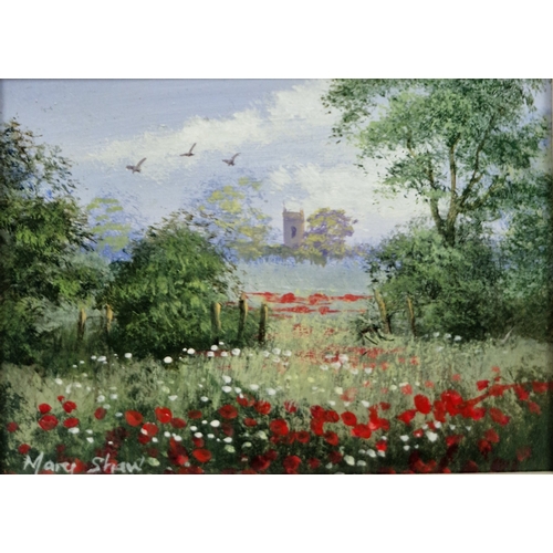 387 - Mary Shaw (b.1955)
 Oil on board
 Pastoral scene, cows in a field with church in distance, signed lo... 