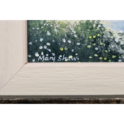 387 - Mary Shaw (b.1955)
 Oil on board
 Pastoral scene, cows in a field with church in distance, signed lo... 