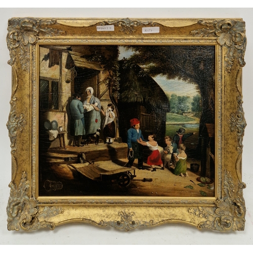 396 - 19th century British school 
 Oil on panel
 Figures before a cottage, indistinctly signed Edward Mar... 