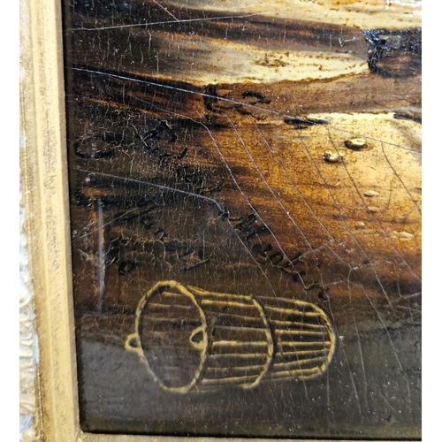 396 - 19th century British school 
 Oil on panel
 Figures before a cottage, indistinctly signed Edward Mar... 