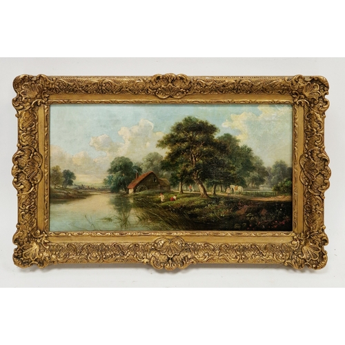 397 - John Mundell (British, 1818-1875)
 Oil on canvas
 Pastoral river scene with figure fishing near a mi... 