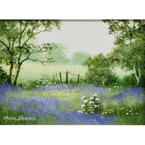 399 - Mary Shaw (b.1955)
 Oil on board
 Young girl in woodland picking flowers, signed lower left, mount a... 