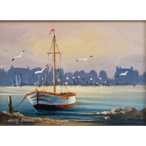 399 - Mary Shaw (b.1955)
 Oil on board
 Young girl in woodland picking flowers, signed lower left, mount a... 