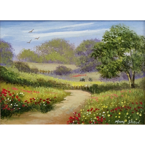 399 - Mary Shaw (b.1955)
 Oil on board
 Young girl in woodland picking flowers, signed lower left, mount a... 