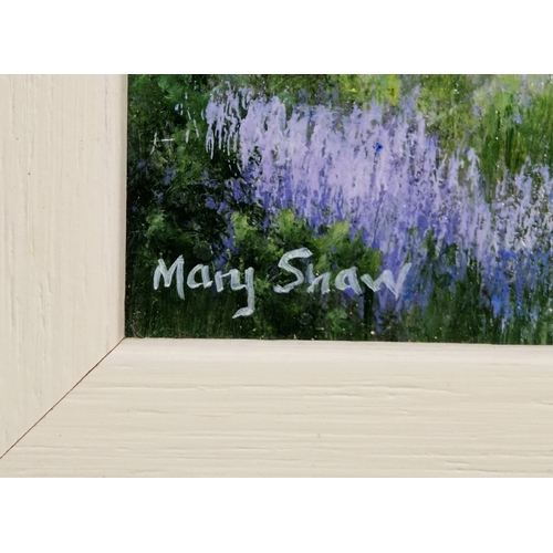 399 - Mary Shaw (b.1955)
 Oil on board
 Young girl in woodland picking flowers, signed lower left, mount a... 