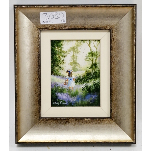 399 - Mary Shaw (b.1955)
 Oil on board
 Young girl in woodland picking flowers, signed lower left, mount a... 