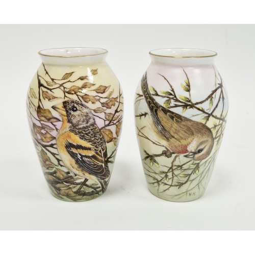 61 - Two limited edition bone china oviform vases painted with birds by Helen Halloran, late 20th century... 