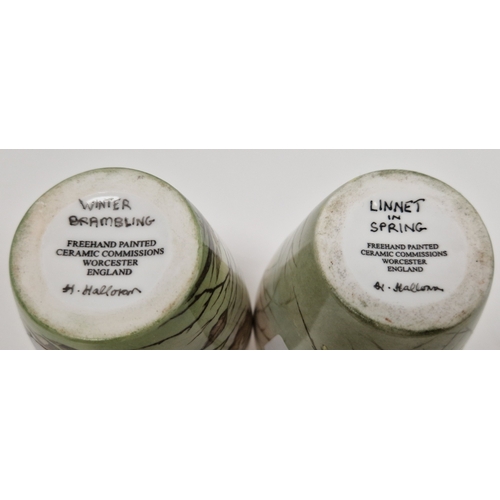 61 - Two limited edition bone china oviform vases painted with birds by Helen Halloran, late 20th century... 