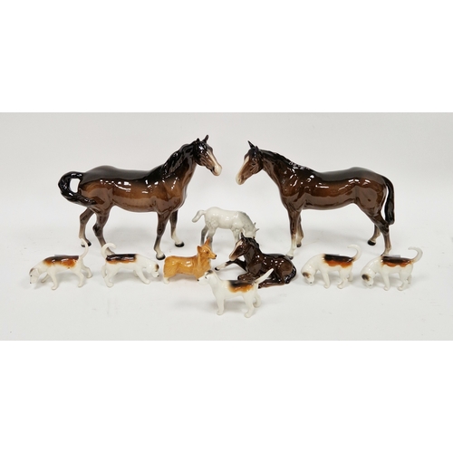 63A - Two Beswick pottery models of bay horses, five fox hounds, a model of a corgi and two foals, printed... 