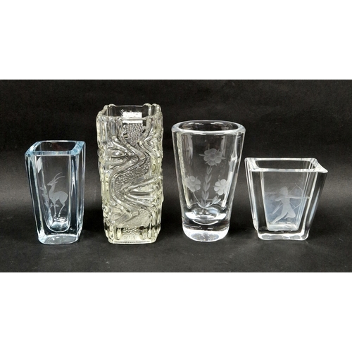94 - Four clear glass vases to include a Vicke Lindstrand for Orrefors flattened tapering vase with etche... 