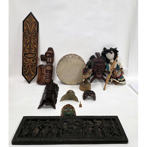 181 - Collection of face masks and ethnic items including Balinese wooden painted face masks, tribal drum,... 