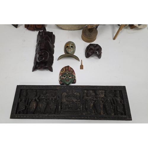 181 - Collection of face masks and ethnic items including Balinese wooden painted face masks, tribal drum,... 