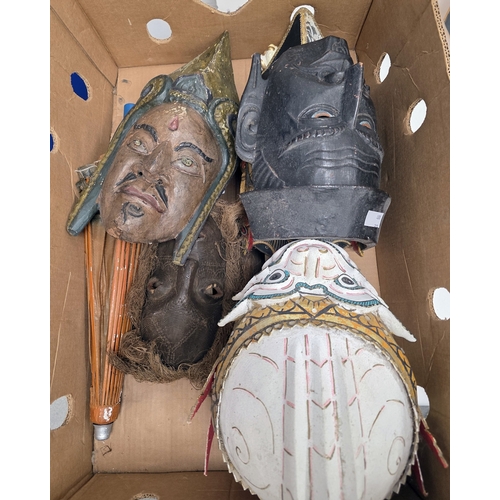 181 - Collection of face masks and ethnic items including Balinese wooden painted face masks, tribal drum,... 