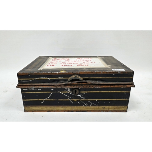 192 - 19th century Anglo-Indian toleware dispatch box marked Allybhoy Vullijee & Sons, Mooltan, 34cm wide