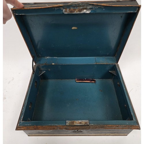 192 - 19th century Anglo-Indian toleware dispatch box marked Allybhoy Vullijee & Sons, Mooltan, 34cm wide