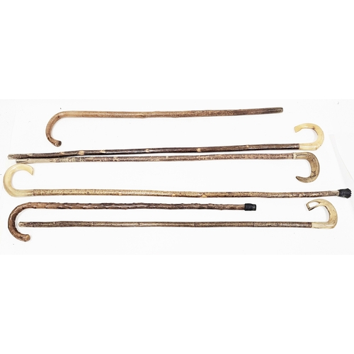 202 - Four shepherds crooks with rams horn curved handles, longest 123cm, a briarwood walking stick and an... 