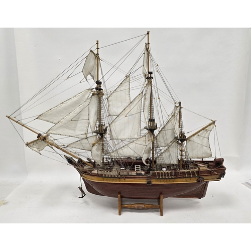 203 - Wooden kit-built model of HMS Bounty, one side of the hull open revealing the inner decks with barre... 