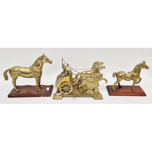 204 - Brass model of a Roman warrior riding a chariot drawn by two horses, 37cm long together with two mod... 