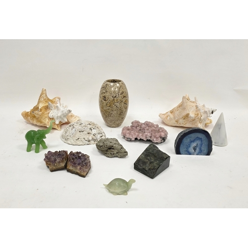 210 - Fossilised limestone vase, 18cm high together with two Queen conch shells and another shell, two ame... 