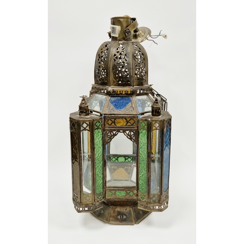 213 - Moroccan Moorish-style brass hall lantern with pierced sides, clear glass panels and embossed colour... 