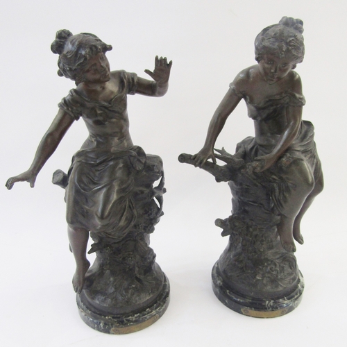 214A - L & F Moreau, pair bronzes of girls seated on treestumps 'Printemps' and 'Automne', each 29cm high, ... 