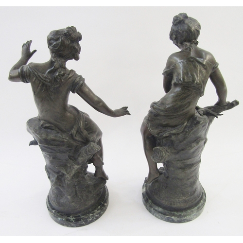 214A - L & F Moreau, pair bronzes of girls seated on treestumps 'Printemps' and 'Automne', each 29cm high, ... 