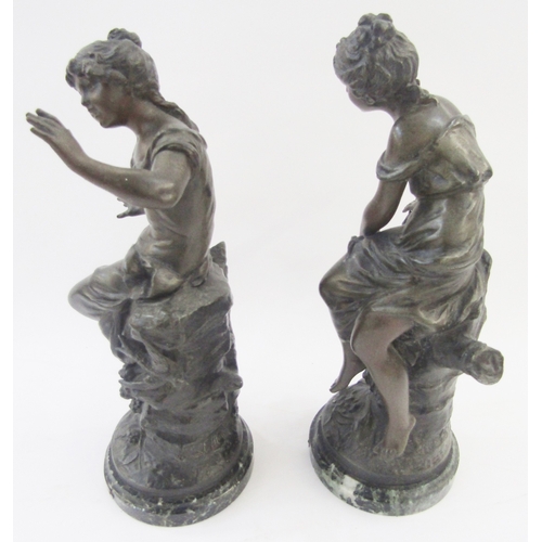 214A - L & F Moreau, pair bronzes of girls seated on treestumps 'Printemps' and 'Automne', each 29cm high, ... 