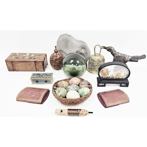 217 - Mixed lot of collectables including seven polished stone agate eggs, a Chinese wooden box the lid de... 