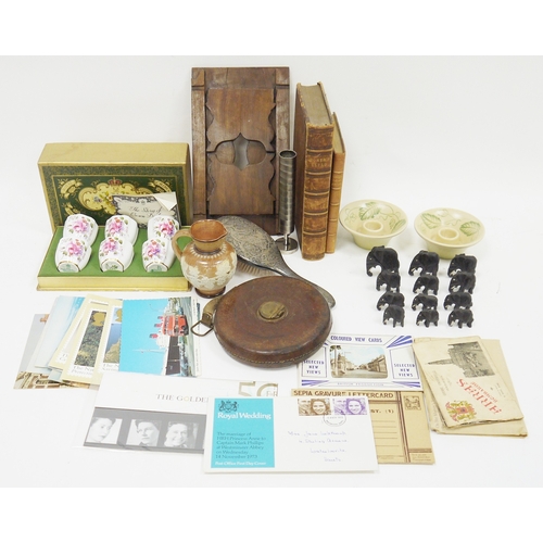 218 - Mixed lot of collectable items, silver and ceramics including postcards, a small mahogany folding st... 