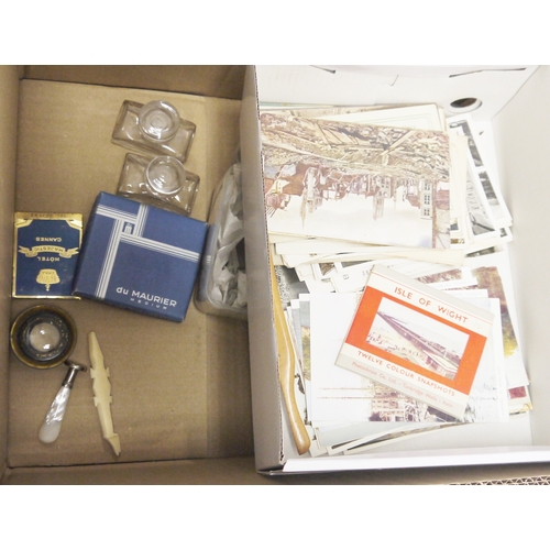 218 - Mixed lot of collectable items, silver and ceramics including postcards, a small mahogany folding st... 